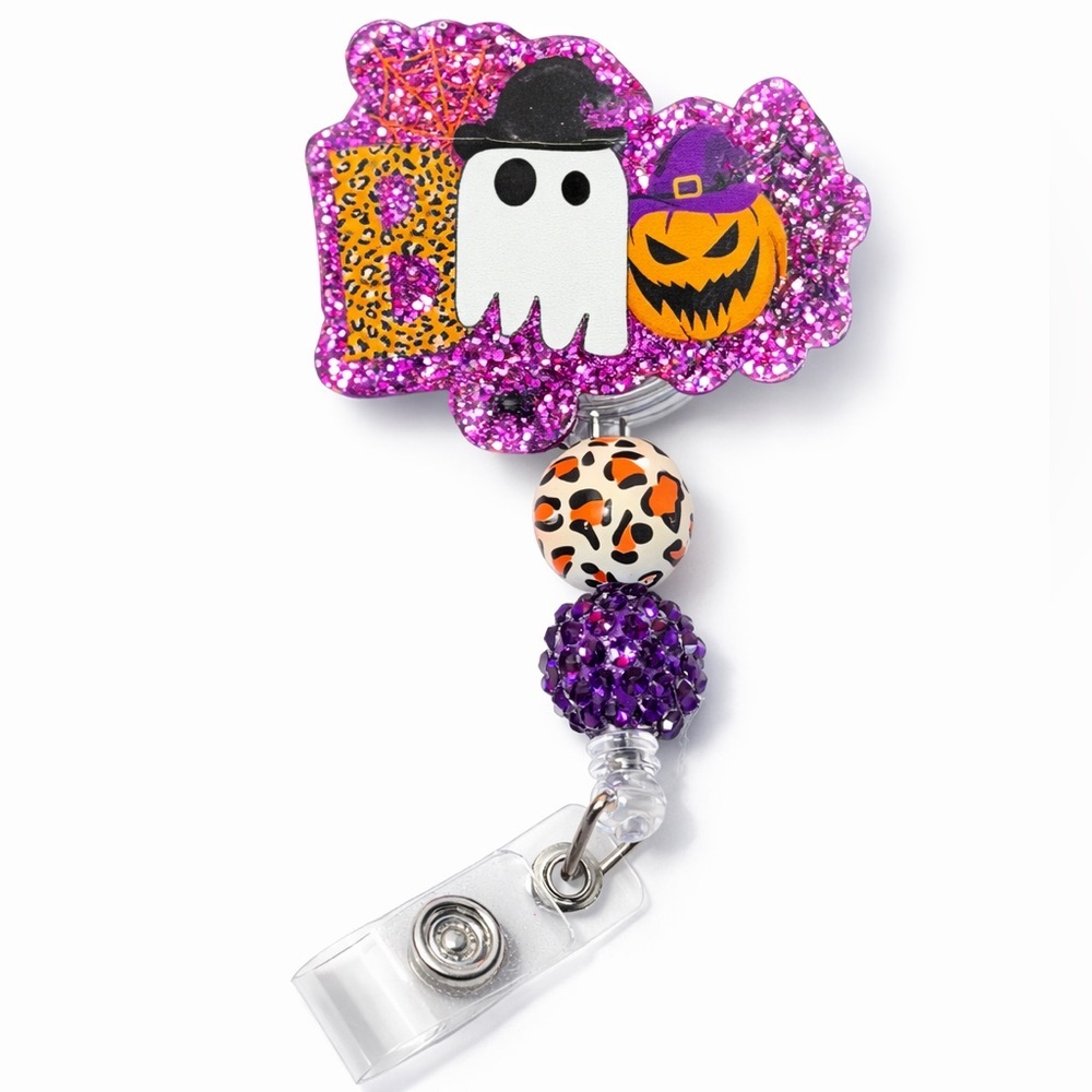 NWT Halloween BOO Badge Reel Ghost Pumpkin Leopard Glitter Nurse ID Holder
